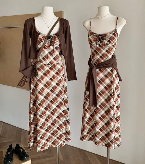 Vintage Spaghetti Strap Side Slit Dress with Cardigan